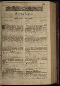 Opening of Shakeaspeare's play AS YOU LIKE IT as seen in the First Folio
