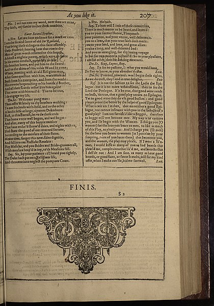 Last page of Shakeaspeare's play AS YOU LIKE IT as seen in the First Folio. The closing book plate has a curious 8 fold circle, a device seen at Soulton.