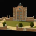 a computer model of Soulton Hall as it looked in 1560. We see a cube of brick, cectioned into a nine crid by stone srtings. There is a pyramidal roof. In fron of the house there is a court of grass which is 3 times the length of any face fof the cube of the house and 2 times the width. There is a court the same footprint of the house north and south.