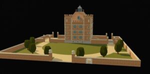 a computer model of Soulton Hall as it looked in 1560. We see a cube of brick, cectioned into a nine crid by stone srtings. There is a pyramidal roof. In fron of the house there is a court of grass which is 3 times the length of any face fof the cube of the house and 2 times the width. There is a court the same footprint of the house north and south.