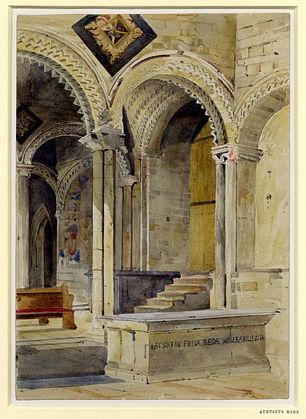 Watercolor by Augustus Hare of Bede's tomb in the Galilee Chapel of Durham Cathedral. The inscription in Latin is as follows: HAC SUNT IN FOSSA BEDAE VENERABILIS OSSA. ("Here are in a grave the bones of the Venerable Bede")