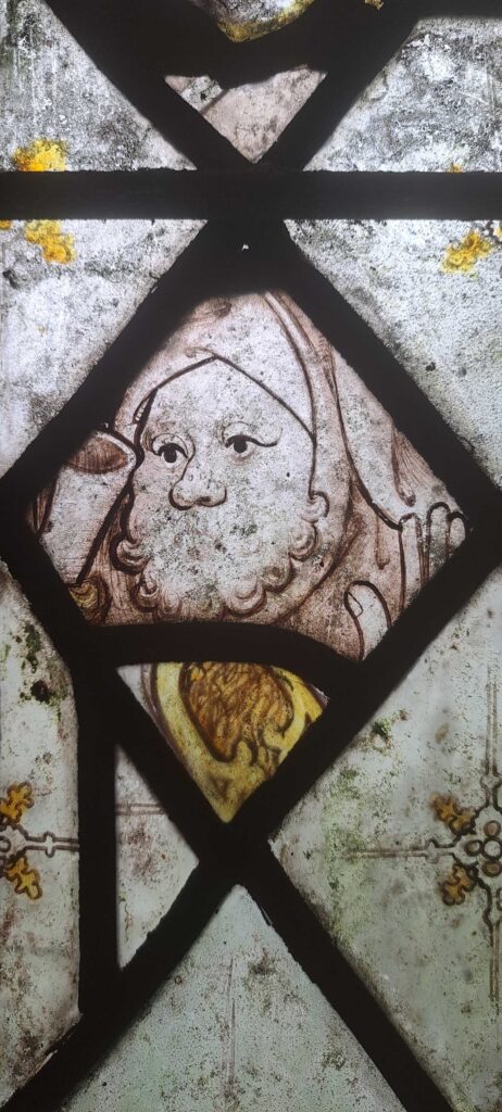 Lovely bearded, fat figure from the Battle of Shrewsbury Window now in Prees said to be Falstaff.