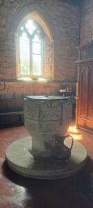 Romanesque font in Hodnet Church, said to be C17th