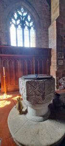 Romanesque font in Hodnet Church, said to be C17th