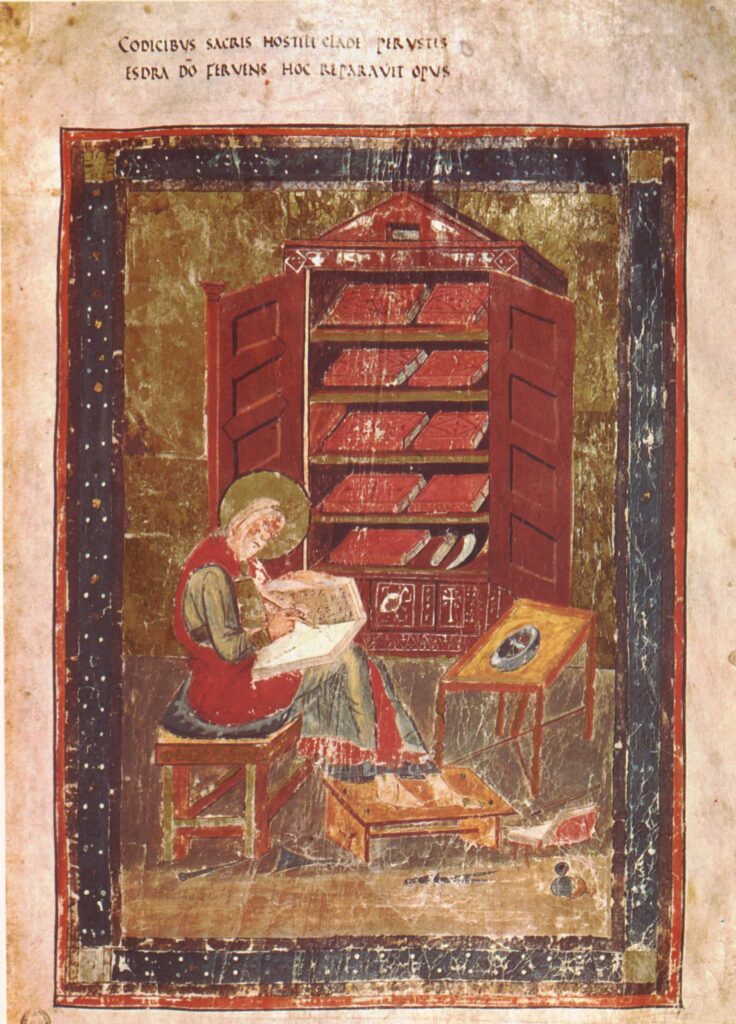Folio 5r from the Codex Amiatinus (Florence, Biblioteca Medicea Laurenziana, MS Amiatinus 1), Ezra the scribe. "When the sacred books had been consumed in the fires of war, Ezra repaired the damage."