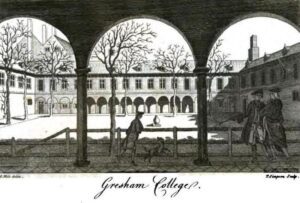 Gresham College, the court with figures in eighteenth-century dress.