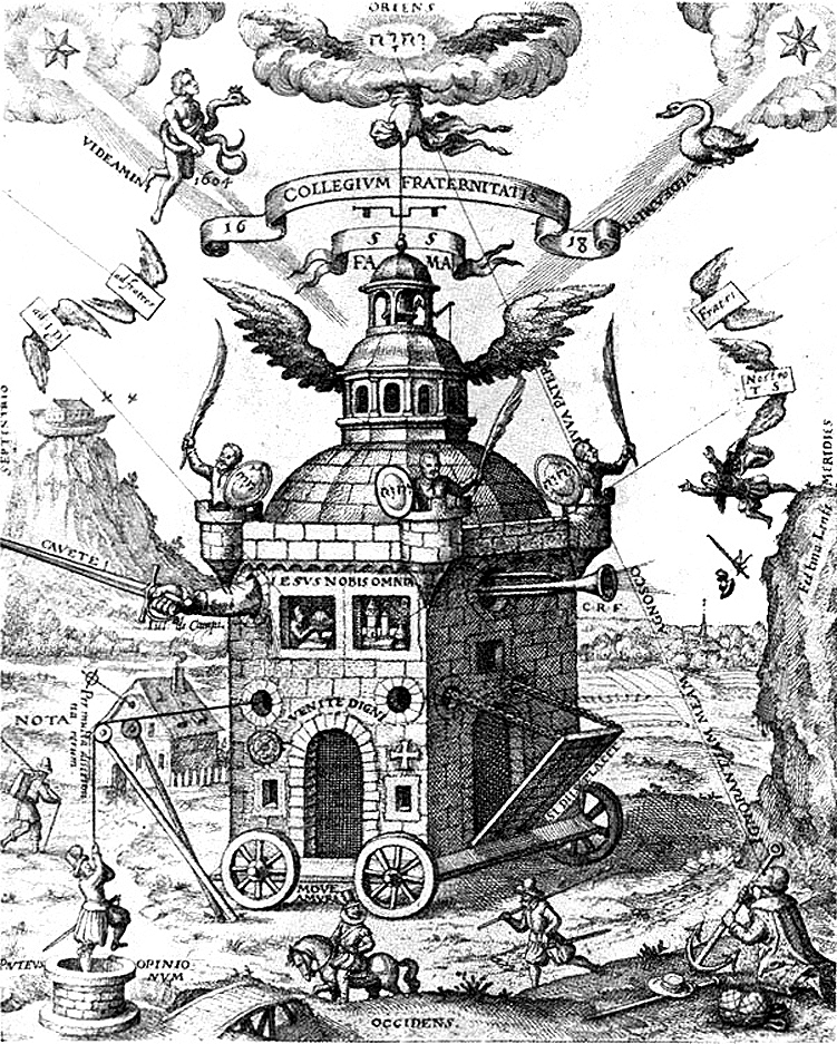 Emblematic image of a Rosicrucian College; illustration from Speculum sophicum Rhodo-stauroticum, a 1618 work by Theophilus Schweighardt. Frances Yates identifies this as the "Invisible College of the Rosy Cross".