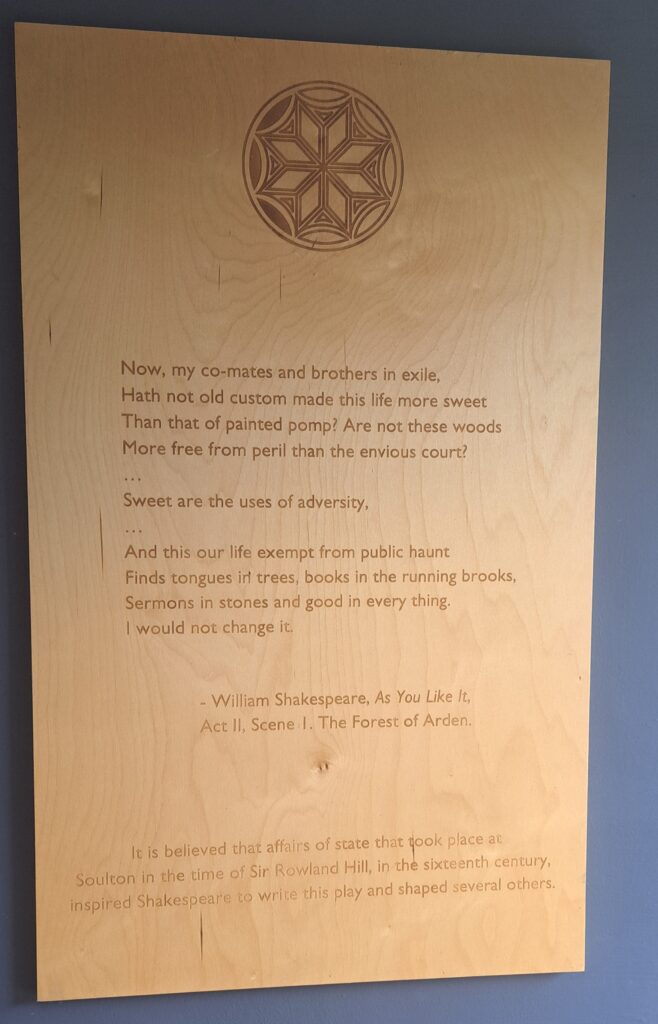 The AS YOU LIKE IT plaque in Soulton Hall