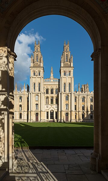 All Souls College Oxford - Hawksmore Quadrangel loking onto the SRC, within a building with two tower-like projections