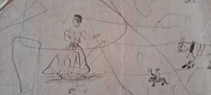 Victorian Marginalia or graffiti in an account book. We can see a beautifully drerssed woman dancing her body faces us her hands are placed spining palms flat to her left, while her face looks to her right here feet are following the direction of her hands. There are scraling marks of later date on top. We can see smaller images of to horses, graffiti again, one has a rider the other is wearing tac but does not have a person with it.