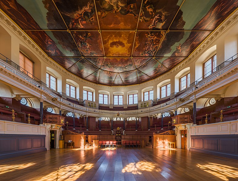 The interior of the Sheldonian Theatre, looking north, in Oxford, England.