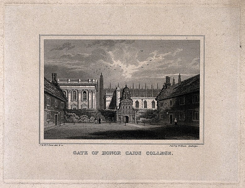 Gonville and Caius College, Cambridge: Caius Court towards the Gate of Honour. Line engraving by J. & H.S. Storer after themselves