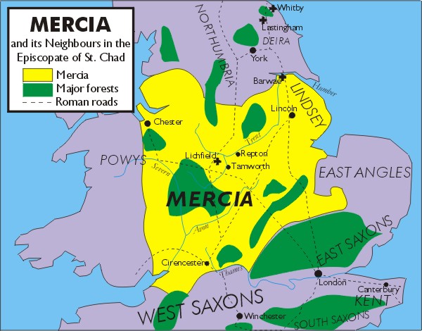 Mercia in the time of Chad: note the Forest of Arden reaching beyond Watling Street