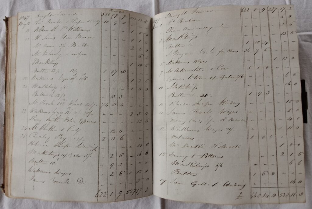 Soulton Hall Accounts Book, open at 13th May 1847 showing payments to Mr Lewis and others for installing the DAncing Pavement