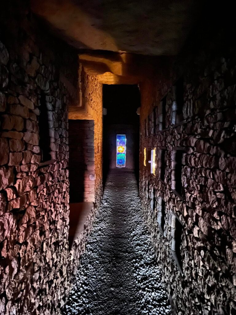 Inside Soulton Long Barrow at Sunrise on the solstice at summer