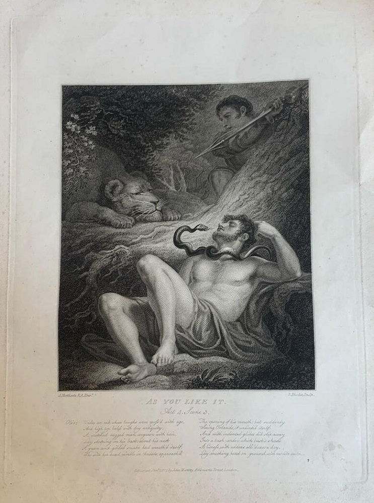Engraving of Oliver under atack from a lion and a snake with Orlando about to save him AS YOU LIKE IT by R. Rhodes, after James Northcote RA, published in 1815 by John Murray.