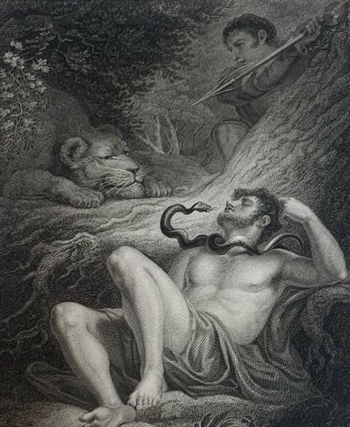 Engraving of Oliver under atack from a lion and a snake with Orlando about to save him AS YOU LIKE IT by R. Rhodes, after James Northcote RA, published in 1815 by John Murray.