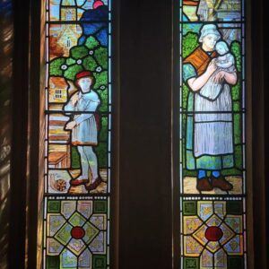 Stained Glass at the RSC showing the Seven Ages of Man: At first the infant,Mewling and puking in the nurse’s arms; And then the whining school-boy, with his satchel And shining morning face, creeping like snail Unwillingly to school.