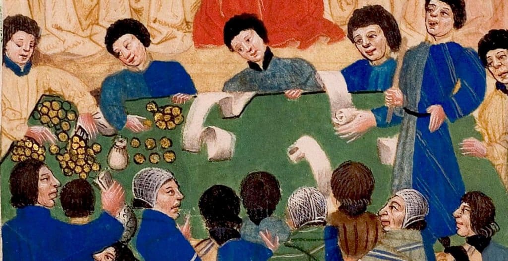 Quit Rents Cerimony: a pre-Tudor illistration of a cerimony in a court around a green table