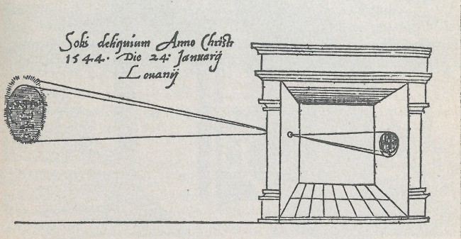 First published picture of camera obscura, in Gemma Frisius' 1545 book De Radio Astronomica et Geometrica