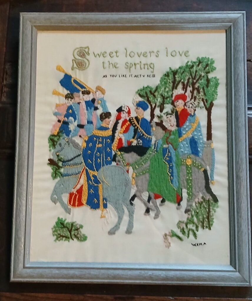 Needlework showing the return to the court of the good characters from their banishment having studied philosophy and now preparing to run a country justly at the end of AS YOU LIKE IT