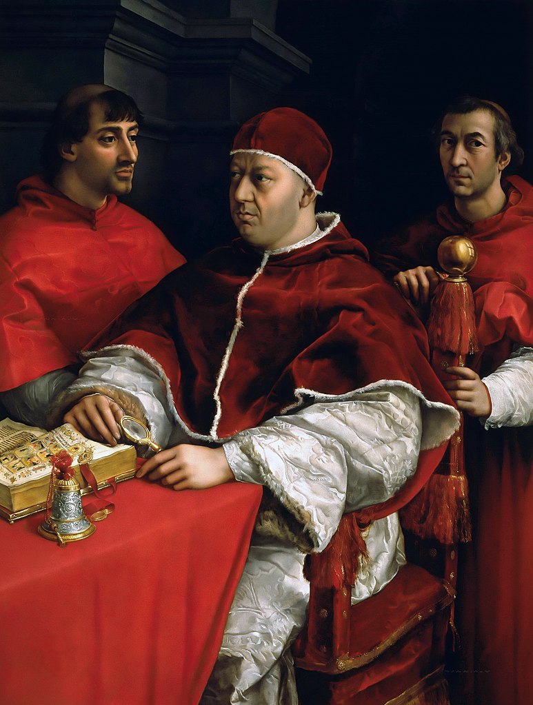 Raphael's Portrait of Leo X with cardinals Giulio de' Medici (later Pope Clement VII) and Luigi de' Rossi, his first cousins, (Uffizi gallery, Florence)