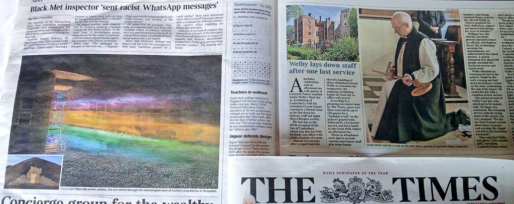 7 January 2025 Print edition of THE TIMES showing th Andrew Fusek Peters Image of the Barrow.