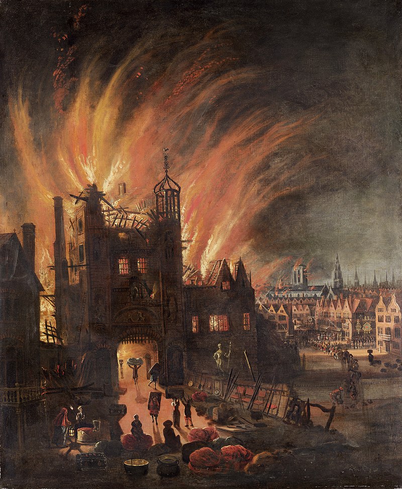 Ludgate in flames, with St Paul's Cathedral in the distance (square tower without the spire) now catching flames. Oil painting by anonymous artist, c. 1670.