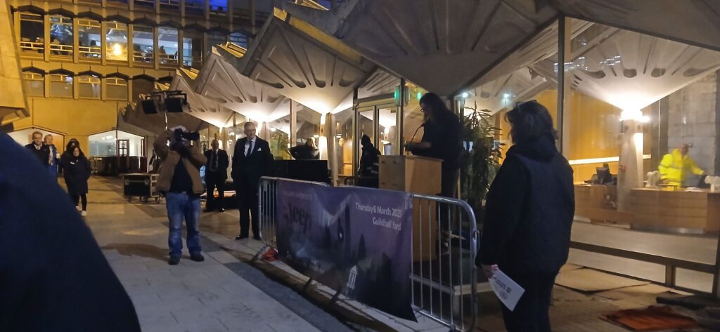 The Lady Mayoress of the City of London addresses participants during the Sleep Out Event at Guildhall Yard, with the Lord Mayor in attendance.