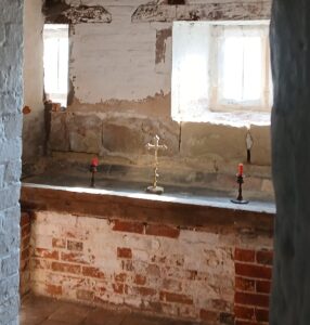 The mid c16th semi-concealed chapel at Soulton Hall, with the Easter dawn light entering