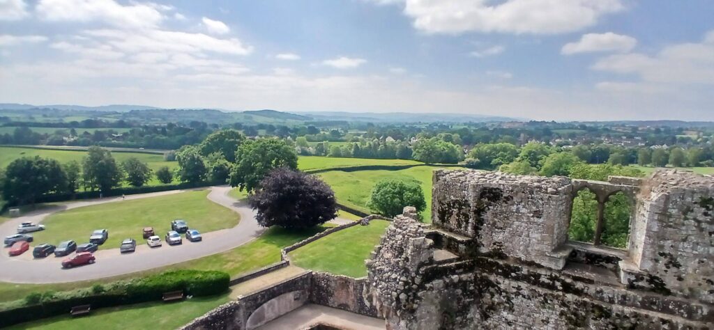 View from the Great Tower of Raglan Castle - the landscape we can see was a Tudor landscape garden