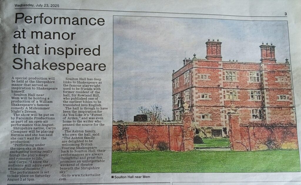Huge thanks to the Whitchurch Herald for shining a brilliant spotlight on our upcoming British Touring Shakespeare performances at Soulton Hall this weekend!