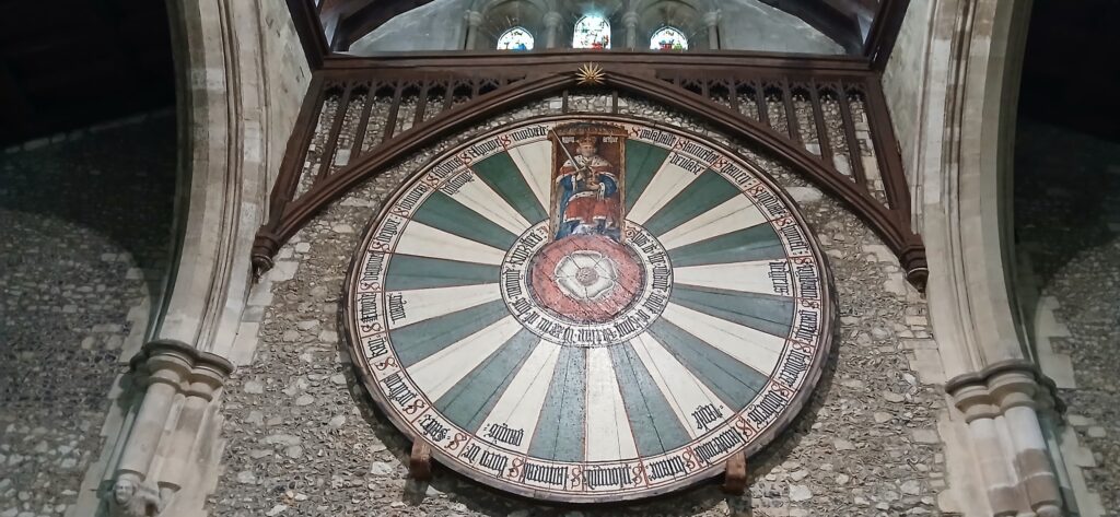 The symbol of a legend: the Round Table in Winchester's Great Hall. This powerful medieval artifact was important for the esprit de corps that held England together, standing as the heart of its Arthurian mythos and a focus for national unity.
