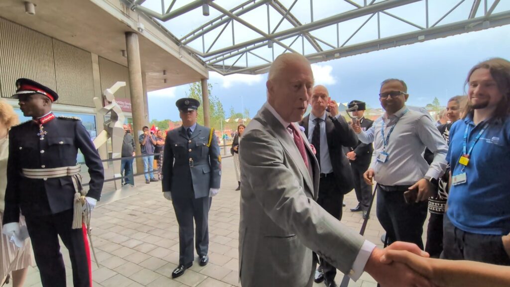 HM The King meeting guests at Midland Metropolitan University Hospital where Jacob artist Chandler was included in the presentation party and His Majesty saw his work “Hope” on arrival.