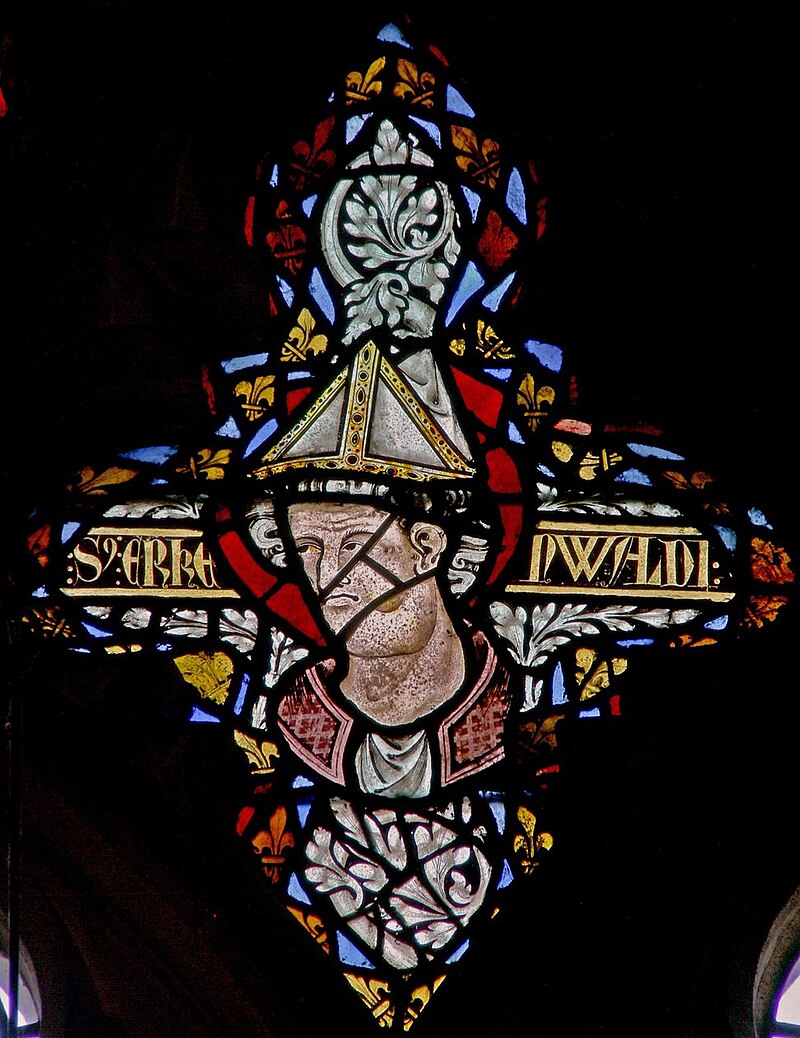 Wells Cathedral, Somerset, UK - portrait of Erkenwald in stained glass.