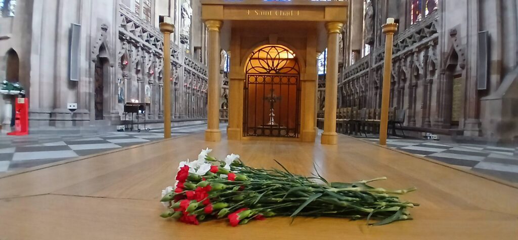 Flowers at the shrine of St Chad in Lichfield Cathedral