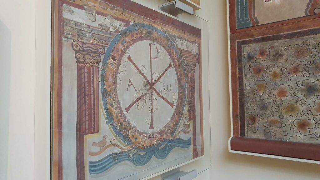 The Lullingstone Christian house-church of the 4th century is a unique discovery for Roman Britain and includes this paintin og the Chi-Rho/Iota-Chi