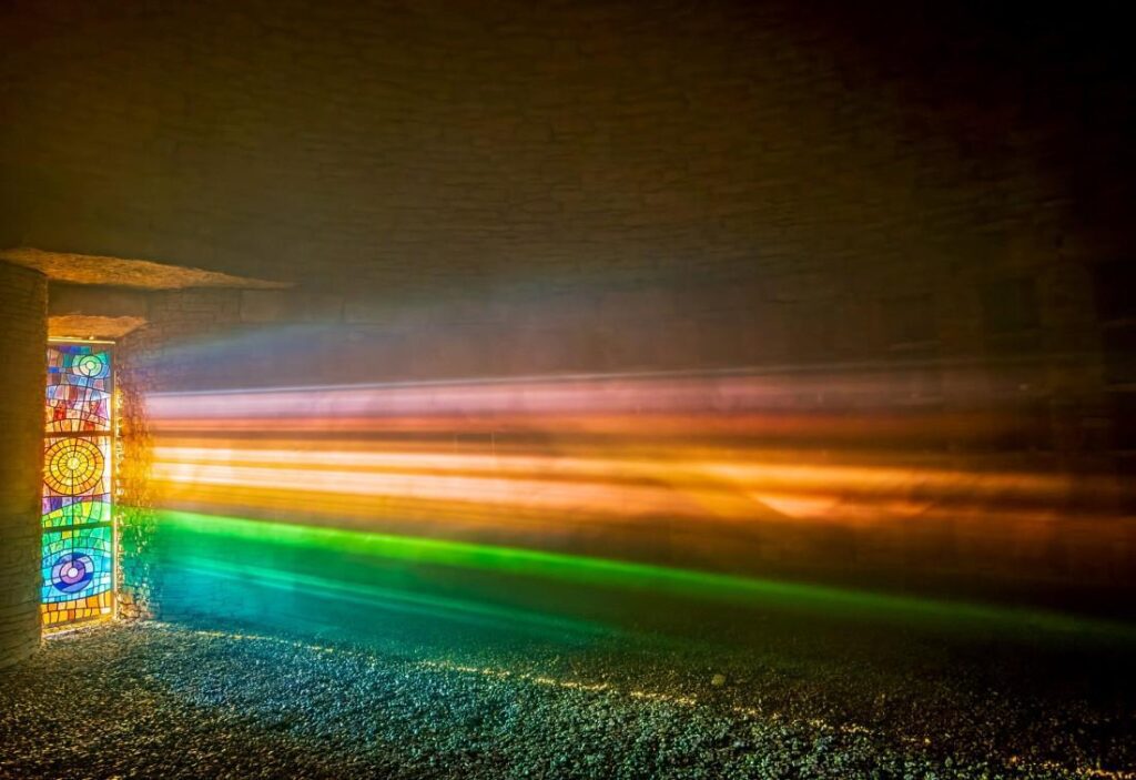 2025 Winter Solstice light in Soulton Log Barrow (Copyright Andrew Fusek Peters)