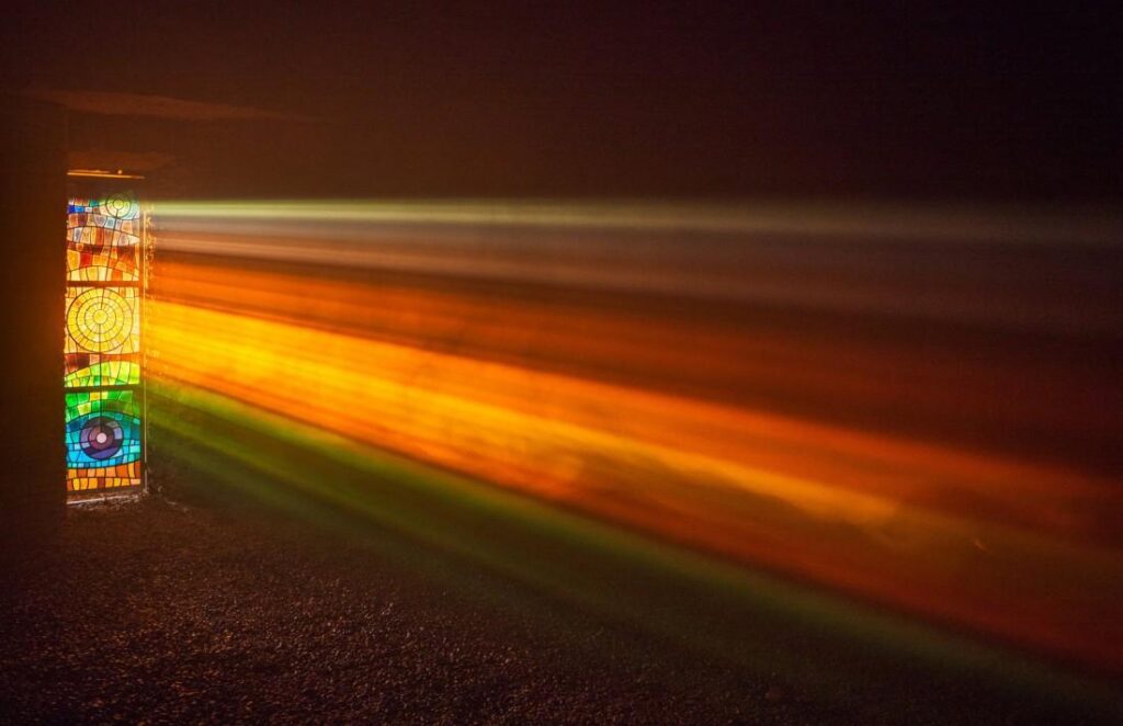 2025 Winter Solstice light in Soulton Log Barrow (Copyright Andrew Fusek Peters)