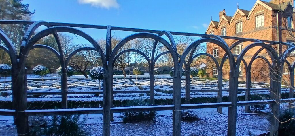 Snow in the gardens of Mosley Old Hall