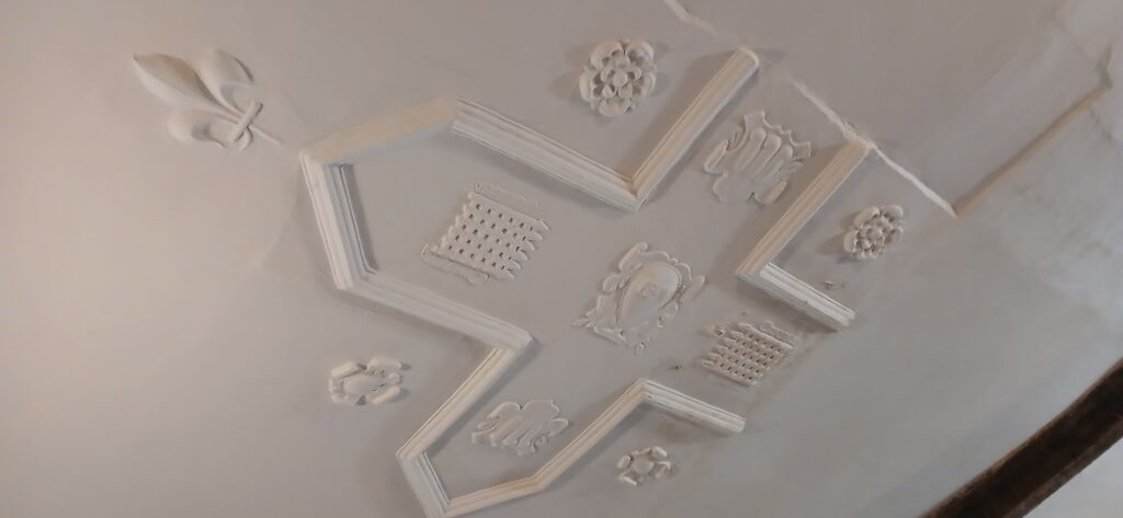 Recently stabilized, but not restored, section of the 16th-century plasterwork ceiling at Wilderhope Manor.