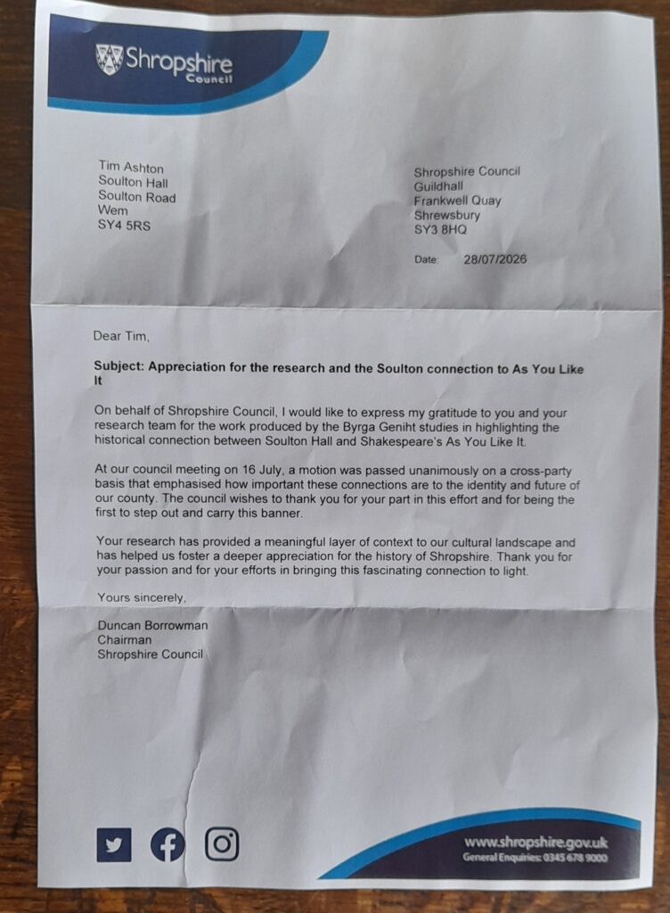 Shropshire Council Chairman Duncan Borrowman sent a letter on 28 July 2026 to Soulton Hall to formally express the council's gratitude and cross-party support for the research linking the historical estate to William Shakespeare's As You Like It.