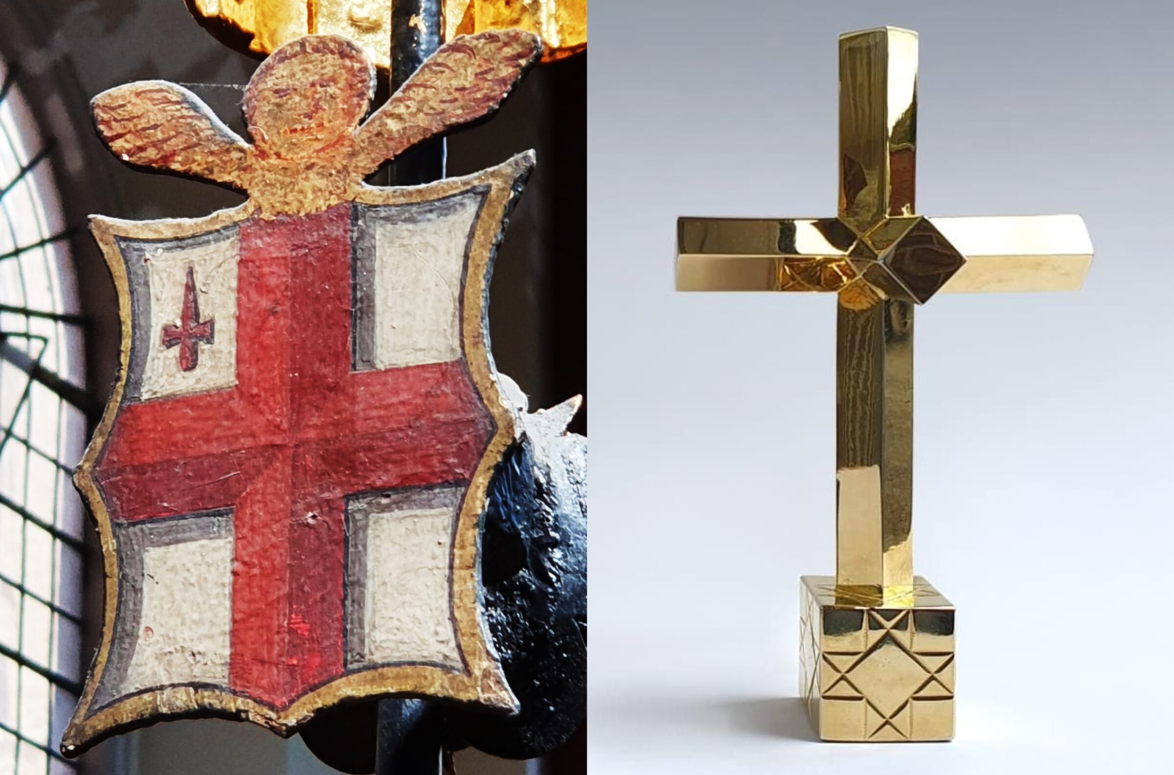 The arms of the City of London (from St James Garlickhythe); and the golden sculpture 'In Hoc Signo: II, Trinity' (Chandler, Wenn and Syrett, 2025).