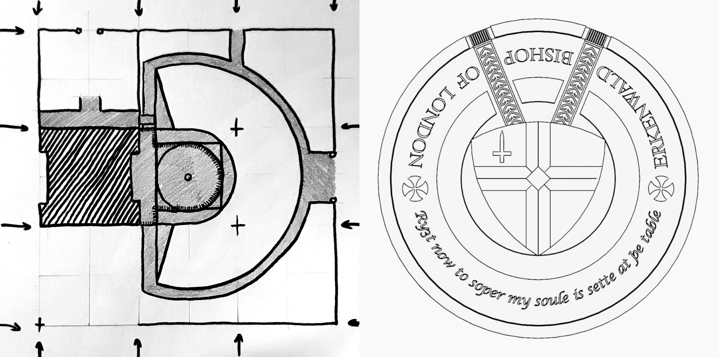 Design drawings from Byrga Geniht: a sketch of the Precinct at Soulton with the way of calculating the proposed scheme, based on Greek theatre geometry; and the proposed bronze tablet to Erkenwald.
